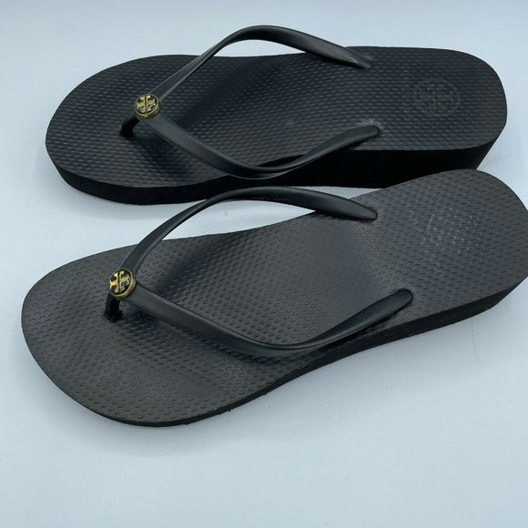 Tory Burch Shoes - Tory Burch Black Open Toe Slip On Wedge Platform Heel Flip Flop Sandals Size 9 M